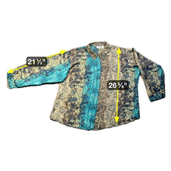 Chicos Silk Boho Button-Up Blouse Green Teal Brown Floral XL Artsy Comfort Loose - Picture 13 of 14